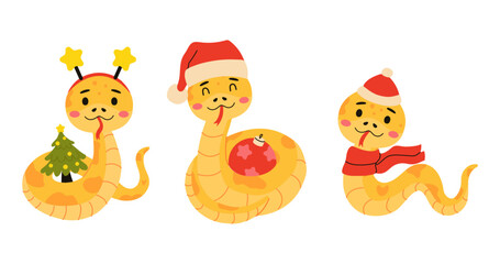 Fototapeta premium Set of cartoon cute snakes isolated on white background. Little child snake characters.