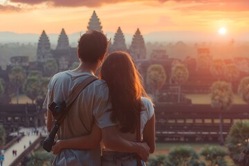Fototapeta premium Romantic Couple Enjoying Sunset at Angkor Wat