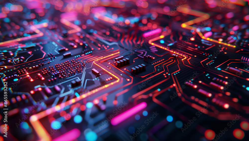 Poster a close up of an intricate circuit board with neon lights, representing the complexity and technolog