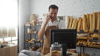 Handsome middle-aged man talking on phone and working at a counter in a cozy bakery filled with various breads and pastries in a bright, inviting indoor setting