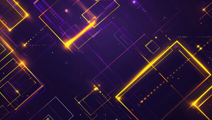 A dark purple background with yellow neon lines and squares, representing the tech industry's technological impact.