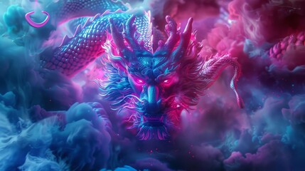 Ethereal dragon in traditional Chinese ink style, adorned with 80s synthwave elements like glowing neon and pixel art