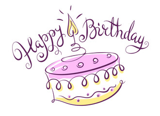 Happy birthday greeting card, hand drawn calligraphy design for holiday. Handwritten lettering typography. Cake with burning candle. Isolated on white transparent background. Vector illustration