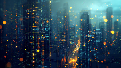 Obraz premium A digital cityscape with glowing lines representing data streams, representing the interconnected nature of technology and urban life.