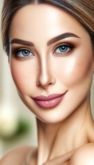 Closeup Portrait Of Woman With Blue Eyes And Soft Makeup