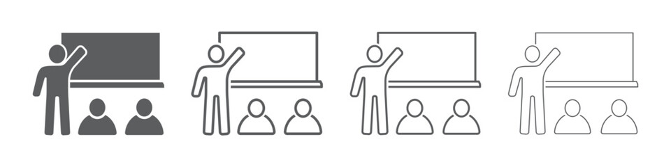 Set of training icons. Education sign, presentation, teaching, workshop, teacher, learner, classroom. Instructor symbol, conference. Vector.