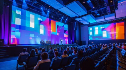 A large audience sits in a conference room listening to a speaker on stage. The stage features a colorful digital display behind the speaker, and the room is brightly lit.