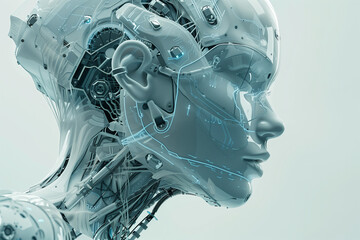 A beautiful female robot with robotic parts on her face and neck, looking to the side in profile view against a white background. with futuristic design elements.