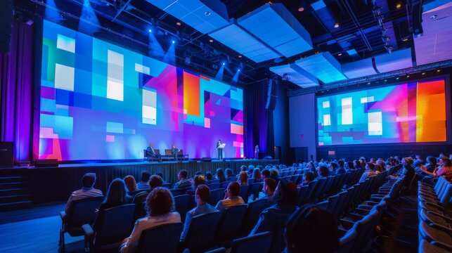 A large audience sits in a conference room listening to a speaker on stage. The stage features a colorful digital display behind the speaker, and the room is brightly lit.