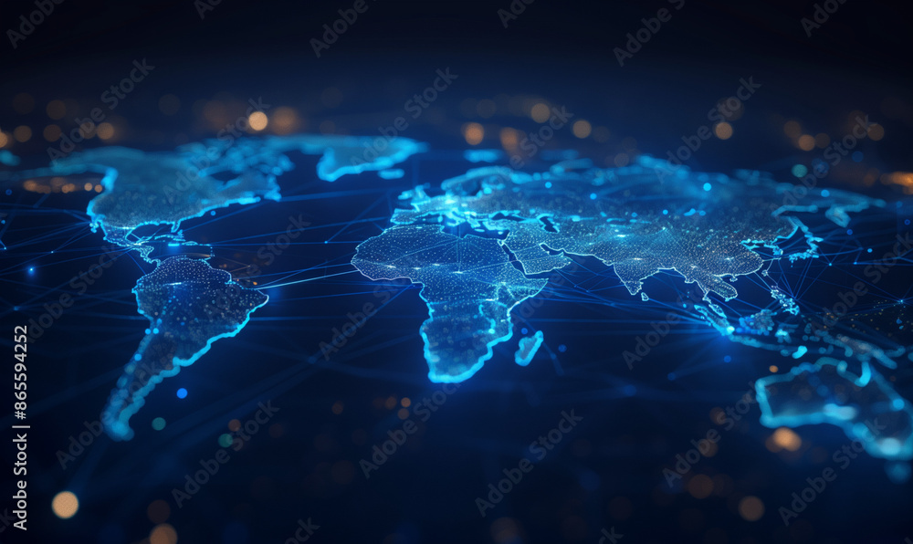 Poster a digital map of the world with glowing blue lines connecting various countries, representing global