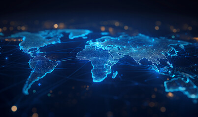 A digital map of the world with glowing blue lines connecting various countries, representing global connectivity and technology's impact on communication across continents
