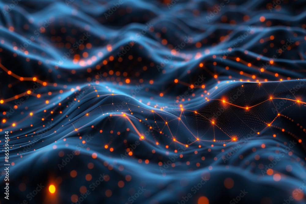Poster a digital rendering of an abstract network landscape, with glowing connections representing data flo