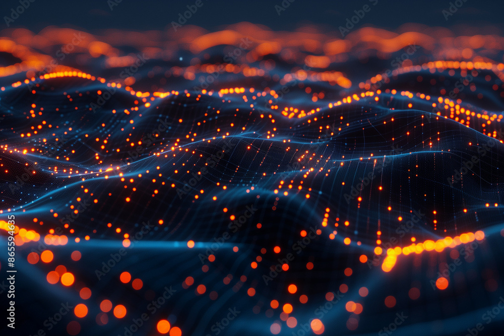 Poster a digital rendering of an abstract network landscape, with glowing connections representing data flo