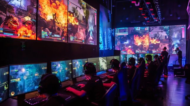 A group of gamers compete in an esports tournament, focused intently on their screens. The action-packed games are displayed on large monitors, creating a vibrant and energetic atmosphere.