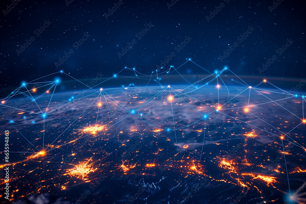 Poster a digital rendering of an abstract network, with glowing connections representing data flow and glob