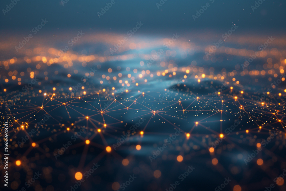 Poster a digital rendering of an abstract network, with glowing connections representing data flow and glob