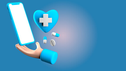 Obraz premium 3D of a hand holding a mobile phone, accompanied by a heart and the medical symbol with several floating pills. concept of health protection. digital health.