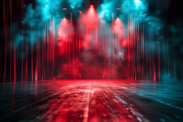 Dramatic Stage with Red and Blue Lighting and Smoke Effects