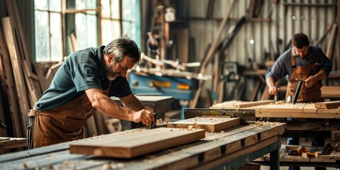 Carpenters at work in busy woodshop, focused on woodworking
