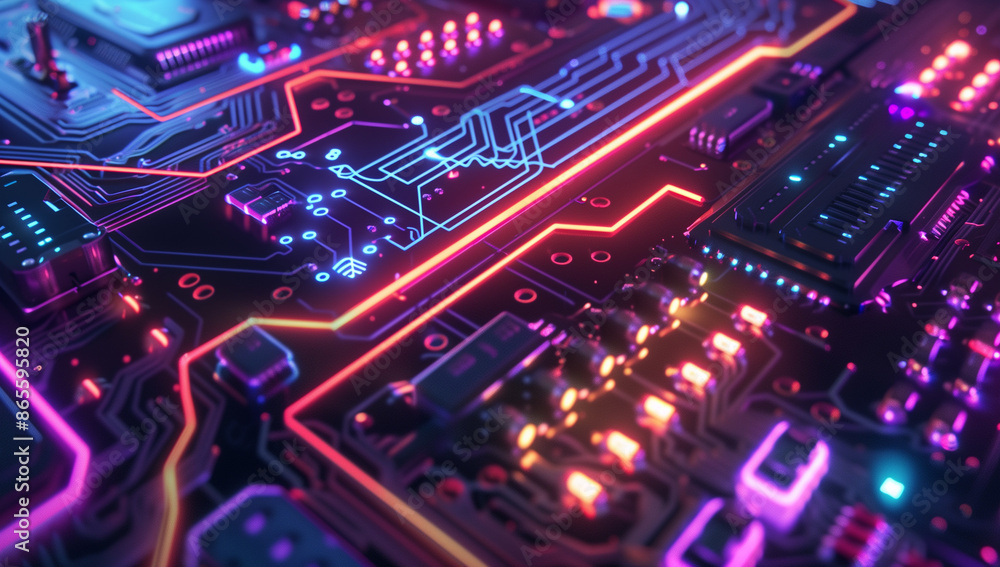 Poster a neon-lit circuit board with glowing lines and intricate patterns, symbolizing the complex technolo