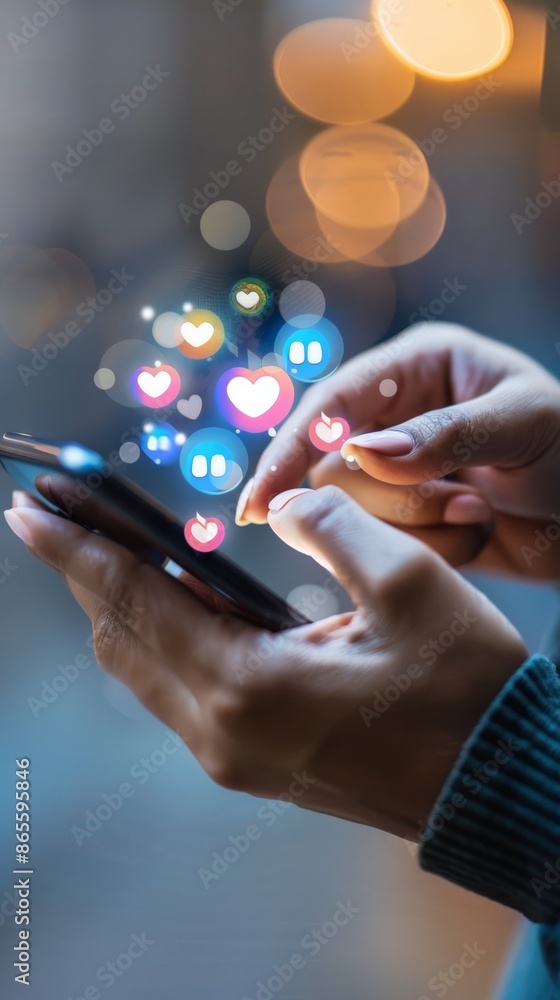Poster Close-up of hands using smartphone with colorful social media icons. Represents social networking and digital interaction. Ideal for online communication and social media marketing themes