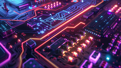 Obraz premium A neon-lit circuit board with glowing lines and intricate patterns, symbolizing the complex technology behind artificial intelligence in high definition.