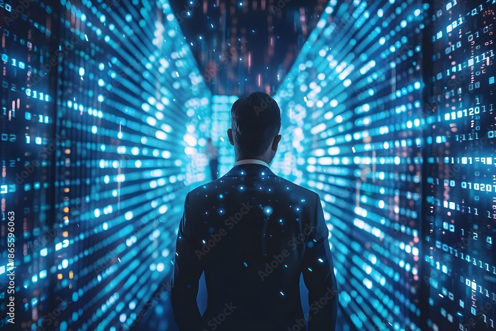 Poster businessman navigating through a digital data tunnel