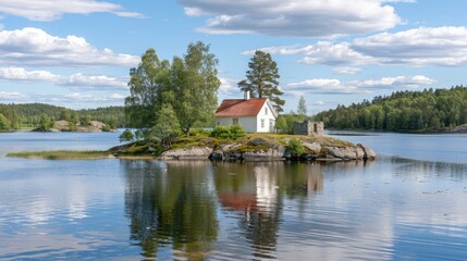 Obraz premium A small, white church sits atop a rocky island in the middle of the serene waters of Lake Sainte-Croix, surrounded by verdant trees and a bright blue sky