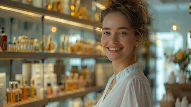 Smiling beautiful seller, assistant or buyer near the shelves of cosmetics and perfumes. Demonstration or purchase of perfumes, eau de toilette.