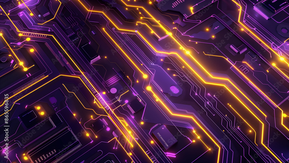 Poster a purple and yellow background with lines of glowing neon lights in the shape of circuit boards, cre