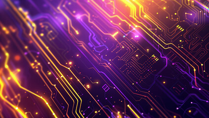 A purple and yellow background with lines of glowing neon lights in the shape of circuit boards, creating an abstract tech-inspired wallpaper.