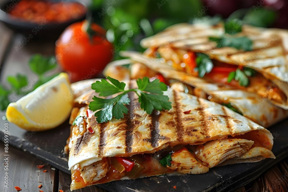 Wall mural grilled chicken quesadillas with fresh vegetables and herbs - Wall murals