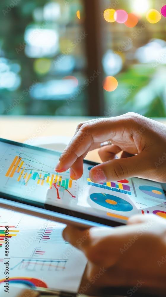 Aufkleber close-up of hands analyzing financial charts on a tablet. modern digital marketing and data analysis