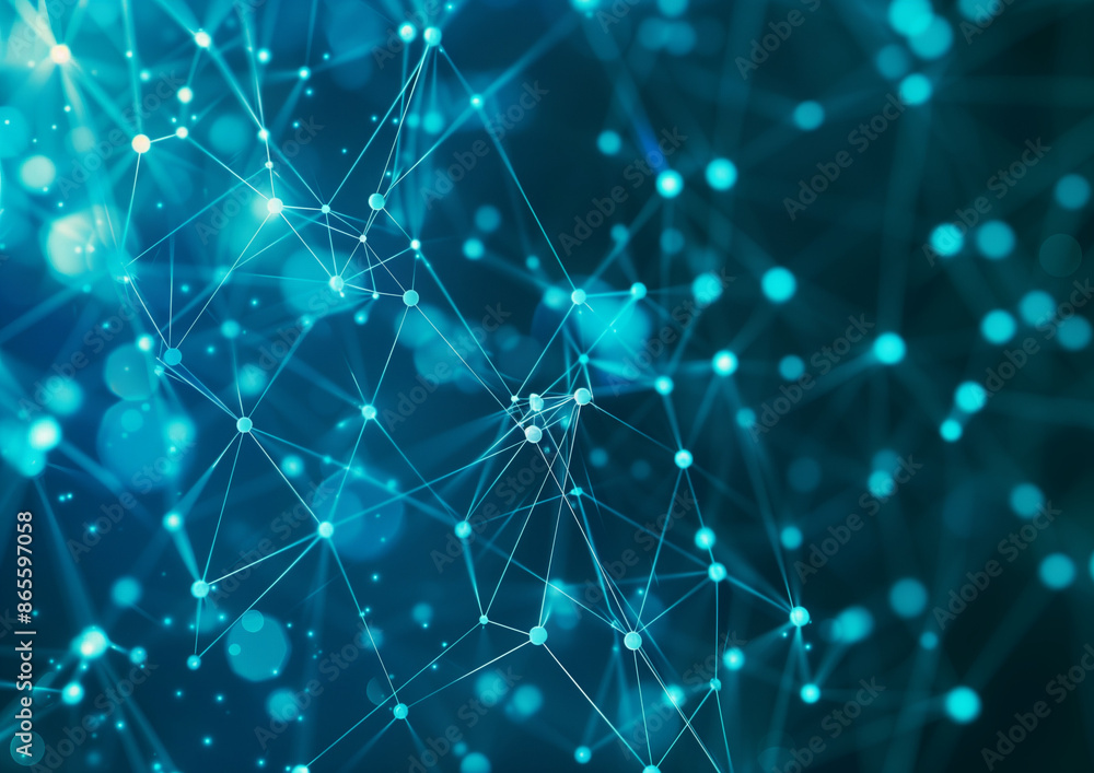 Poster abstract background with blue and teal spheres connected by glowing lines, representing the concept 