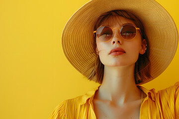 A detailed shot of a fashion model in a relaxed summer outfit, including a hat and sunglasses, set against a solid yellow background