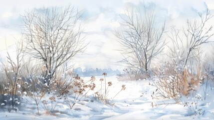 Obraz premium A painting of a snowy landscape with trees and bushes. The trees are bare and the sky is cloudy. The mood of the painting is peaceful and serene