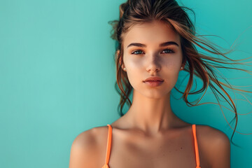 A high-quality image of a model in a trendy swimsuit, with a solid turquoise background evoking a beach atmosphere