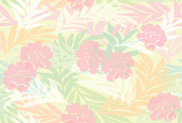 Seamless floral background with handmade leaves and flowers. Vector yellow pattern with yellow, peach and green pistachio leaves.