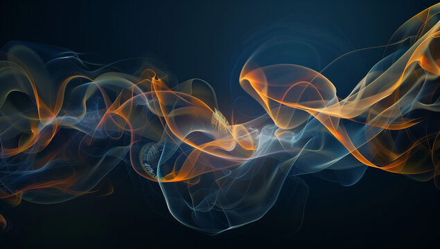 Abstract background with colorful smoke and a clock, flowing shapes, in the style of digital art, a dark blue gradient, dark black and light amber tones,
