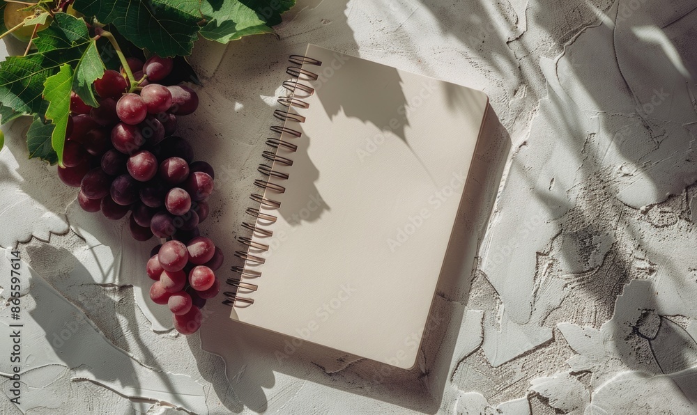 Poster closed notebook on a light gray table with a bunch of grapes on the left