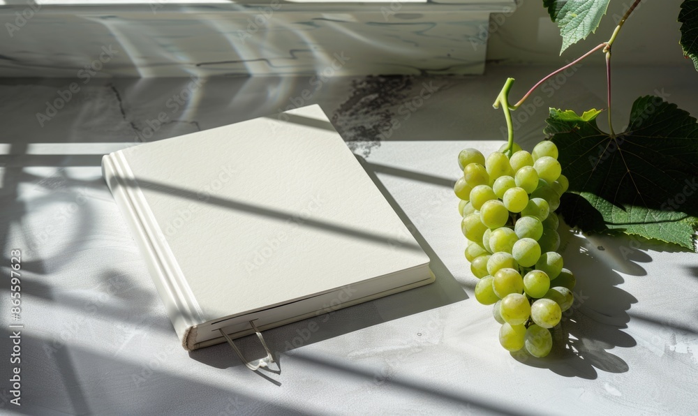 Poster closed notebook on a light gray table with a bunch of grapes on the right