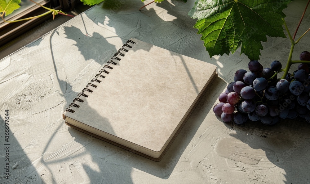 Poster closed notebook on a light gray table with a bunch of grapes on the right