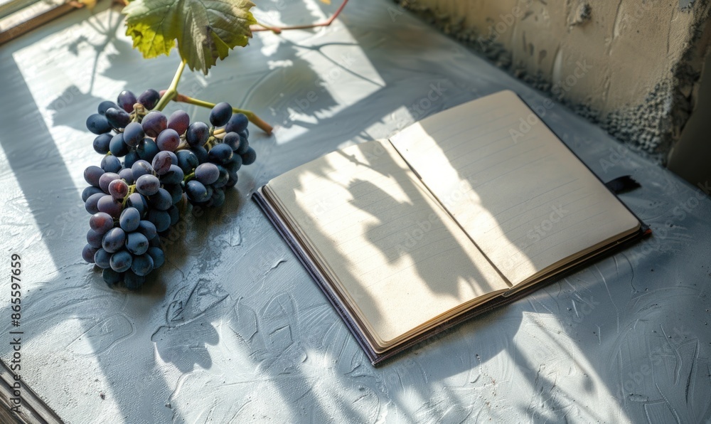 Poster closed notebook on a light gray table with a bunch of grapes on the left