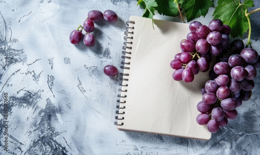 Poster closed notebook on a light gray table with a bunch of grapes on the right