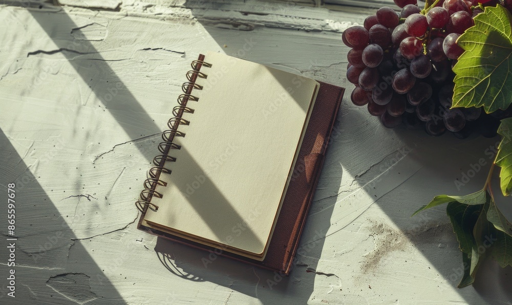 Poster closed notebook on a light gray table with a bunch of grapes on the right