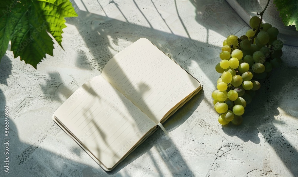 Poster closed notebook on a light gray table with a bunch of grapes