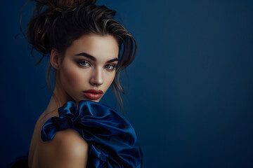 A high-resolution photo of a female model in an elegant evening gown, with a solid dark blue background adding a touch of sophistication 