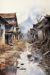 Obraz premium Watercolor painting of a damaged village street