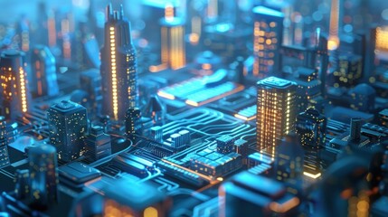 A futuristic cityscape with neon lights and a purple sky is vibrant and energetic scene