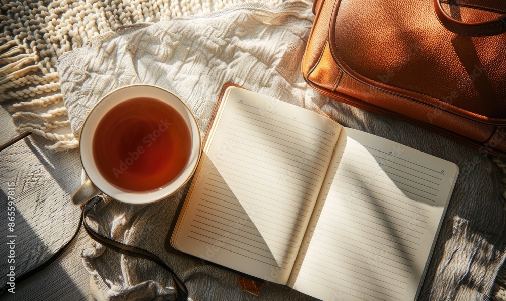 Poster closed notebook on a light gray table with a cup of coffee on the left and a handbag on the right